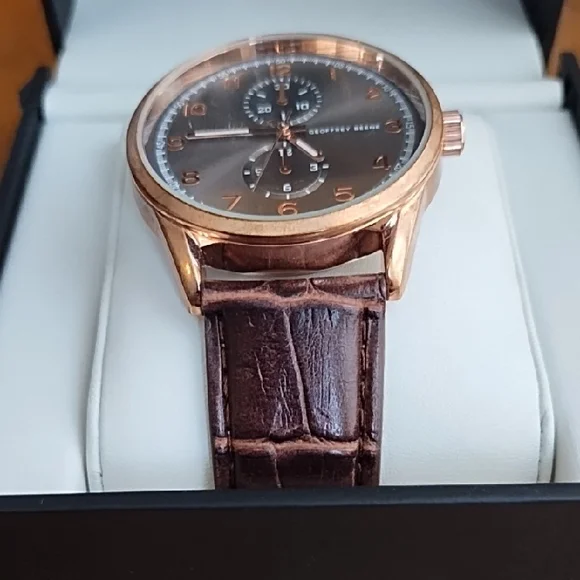 Geoffrey Beene Rose Gold Chronograph Watch with Brown Leather Band - Picture 4 of 5